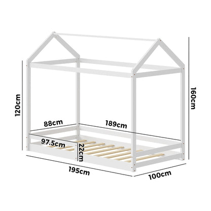 Oikiture Kids Wooden Bed Frame House Frame Timber with Fence Single White-Wooden Bed Frames-PEROZ Accessories
