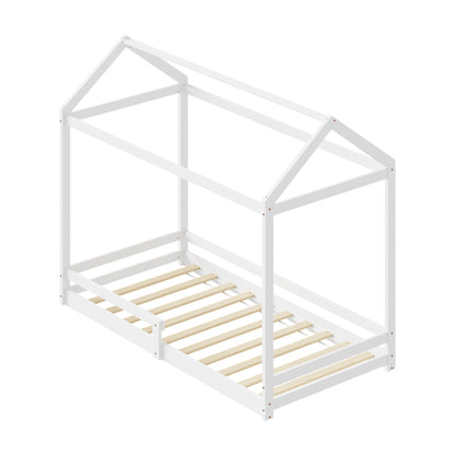 Oikiture Kids Wooden Bed Frame House Frame Timber with Fence Single White-Wooden Bed Frames-PEROZ Accessories