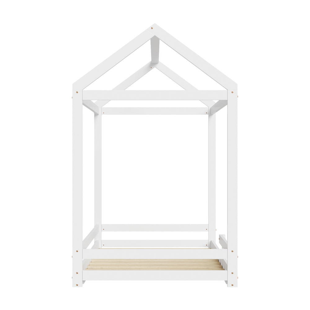 Oikiture Kids Wooden Bed Frame House Frame Timber with Fence Single White-Wooden Bed Frames-PEROZ Accessories