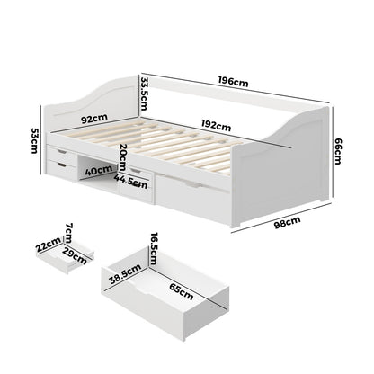 Oikiture Single Kids Bed Frame with Trundle Storage Drawers Timber White-Wooden Bed Frame-PEROZ Accessories