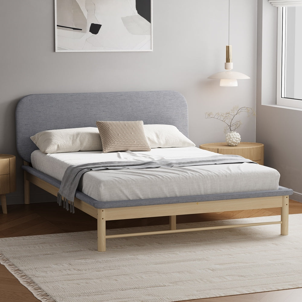 Oikiture Wooden Bed Frame with Padded Fabric Edges Headboard Queen Size-Wooden Bed Frames-PEROZ Accessories