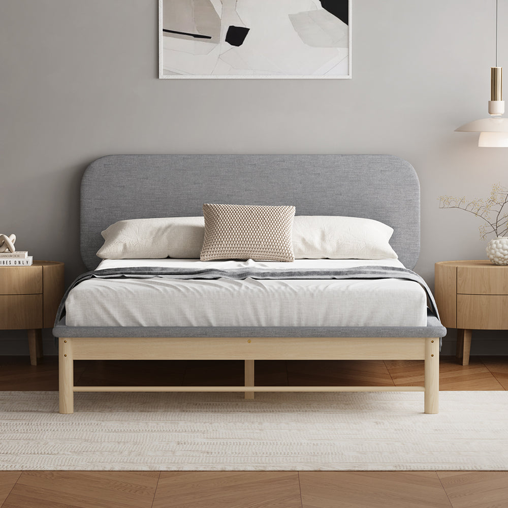 Oikiture Wooden Bed Frame with Padded Fabric Edges Headboard Queen Size-Wooden Bed Frames-PEROZ Accessories
