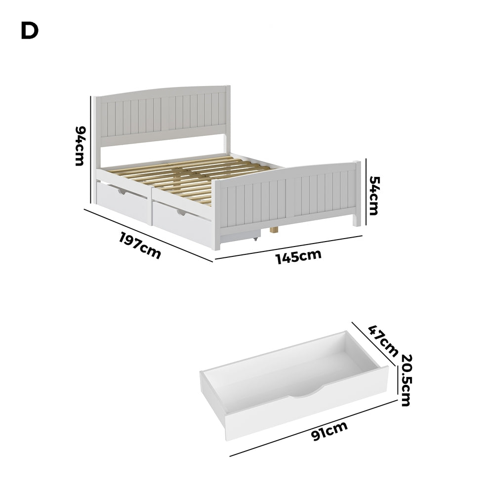 Oikiture Wooden Bed Frame Double Size with Trundle Drawers White-Wooden Bed Frames-PEROZ Accessories