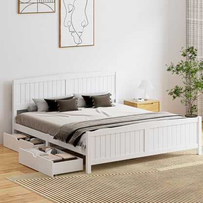 Oikiture Wooden Bed Frame King Size with Trundle Drawers White-Wooden Bed Frames-PEROZ Accessories