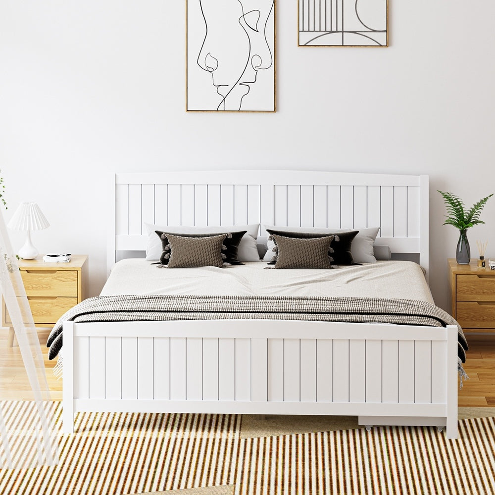 Oikiture Wooden Bed Frame King Size with Trundle Drawers White-Wooden Bed Frames-PEROZ Accessories