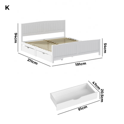 Oikiture Wooden Bed Frame King Size with Trundle Drawers White-Wooden Bed Frames-PEROZ Accessories