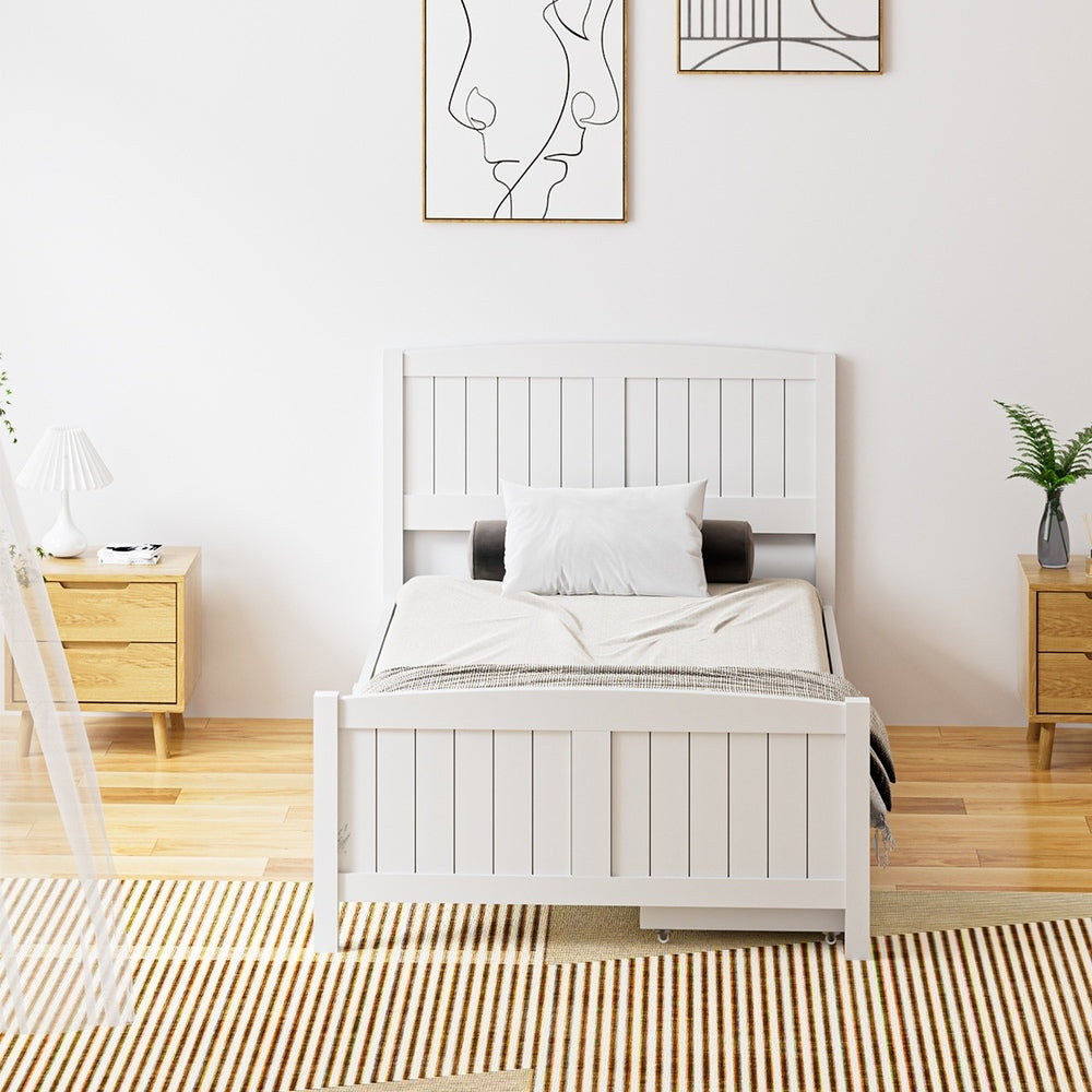Oikiture Wooden Bed Frame King Single with Trundle Drawers White-Wooden Bed Frames-PEROZ Accessories