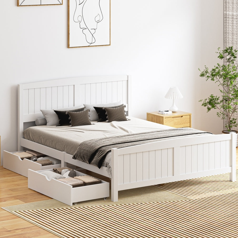 Oikiture Wooden Bed Frame Queen Size with Trundle Drawers White-Wooden Bed Frames-PEROZ Accessories