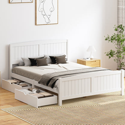 Oikiture Wooden Bed Frame Queen Size with Trundle Drawers White-Wooden Bed Frames-PEROZ Accessories