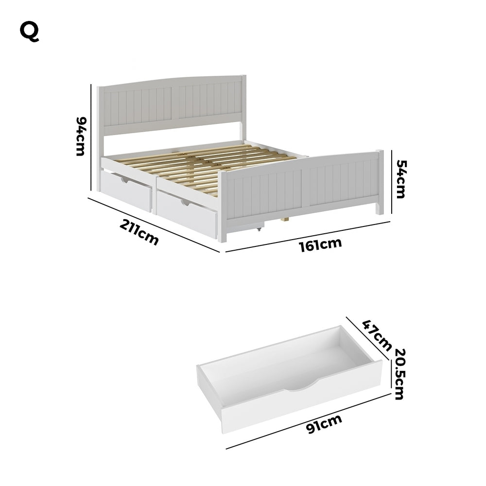 Oikiture Wooden Bed Frame Queen Size with Trundle Drawers White-Wooden Bed Frames-PEROZ Accessories