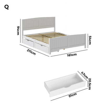 Oikiture Wooden Bed Frame Queen Size with Trundle Drawers White-Wooden Bed Frames-PEROZ Accessories