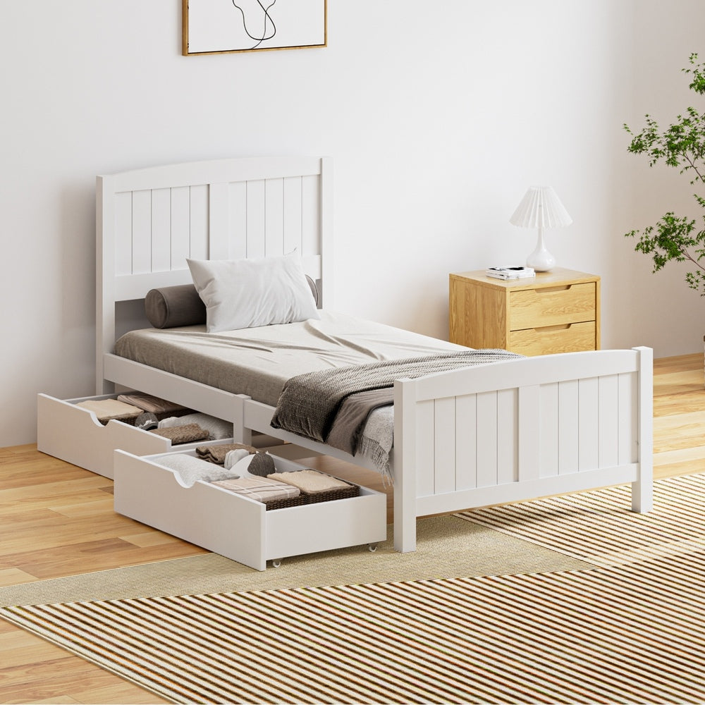 Oikiture Wooden Bed Frame Single Size with Trundle Drawers White-Wooden Bed Frame-PEROZ Accessories