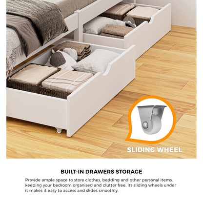Oikiture Wooden Bed Frame Single Size with Trundle Drawers White-Wooden Bed Frame-PEROZ Accessories