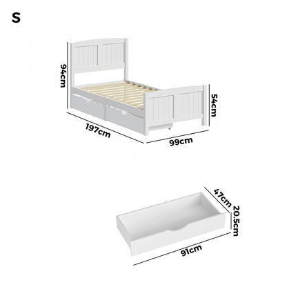 Oikiture Wooden Bed Frame Single Size with Trundle Drawers White-Wooden Bed Frame-PEROZ Accessories