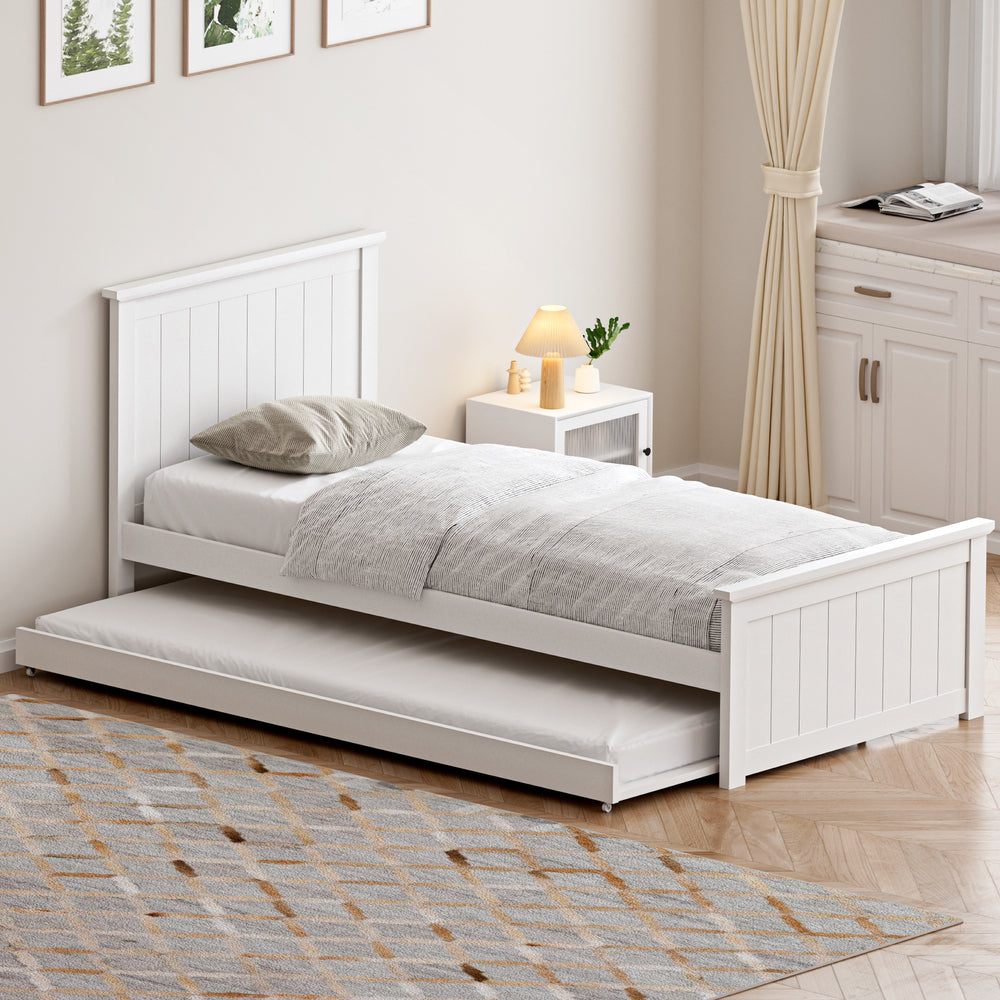 Oikiture Trundle Bed Frame Single Size Wooden Daybed White-Wooden Bed Frames-PEROZ Accessories