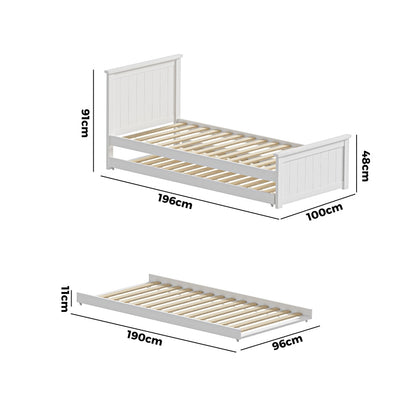 Oikiture Trundle Bed Frame Single Size Wooden Daybed White-Wooden Bed Frames-PEROZ Accessories