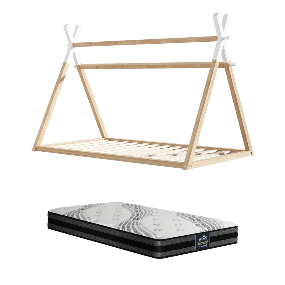 Oikiture King Single Kids Bed Frame Mattress Set Wooden Teepee House Beds-Wooden Bed Frame-PEROZ Accessories