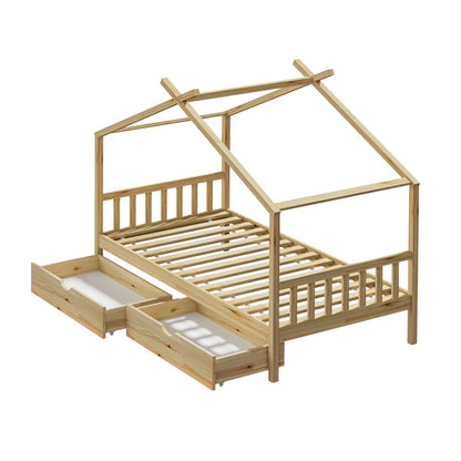 Oikiture House Bed Frame Wooden Single Size with Drawers-Wooden Bed Frames-PEROZ Accessories