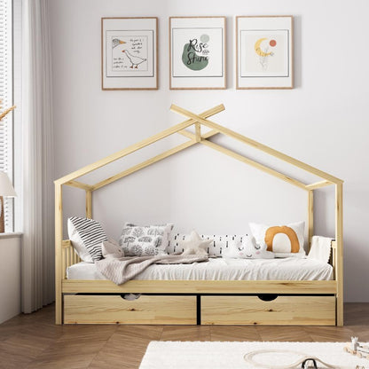 Oikiture House Bed Frame Wooden Single Size with Drawers-Wooden Bed Frames-PEROZ Accessories