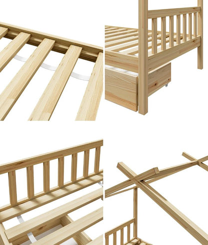 Oikiture House Bed Frame Wooden Single Size with Drawers-Wooden Bed Frames-PEROZ Accessories