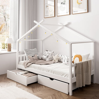 Oikiture Bed Frame Wooden Single House Frame with Drawers White-Wooden Bed Frames-PEROZ Accessories