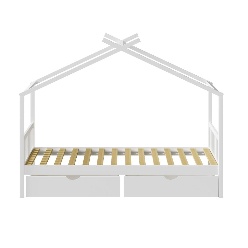 Oikiture Bed Frame Wooden Single House Frame with Drawers White-Wooden Bed Frames-PEROZ Accessories