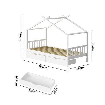 Oikiture Bed Frame Wooden Single House Frame with Drawers White-Wooden Bed Frames-PEROZ Accessories