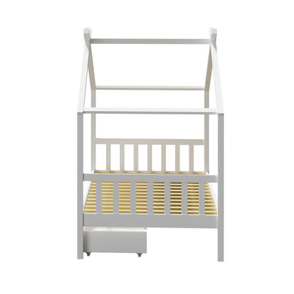 Oikiture Bed Frame Wooden Single House Frame with Drawers White-Wooden Bed Frames-PEROZ Accessories