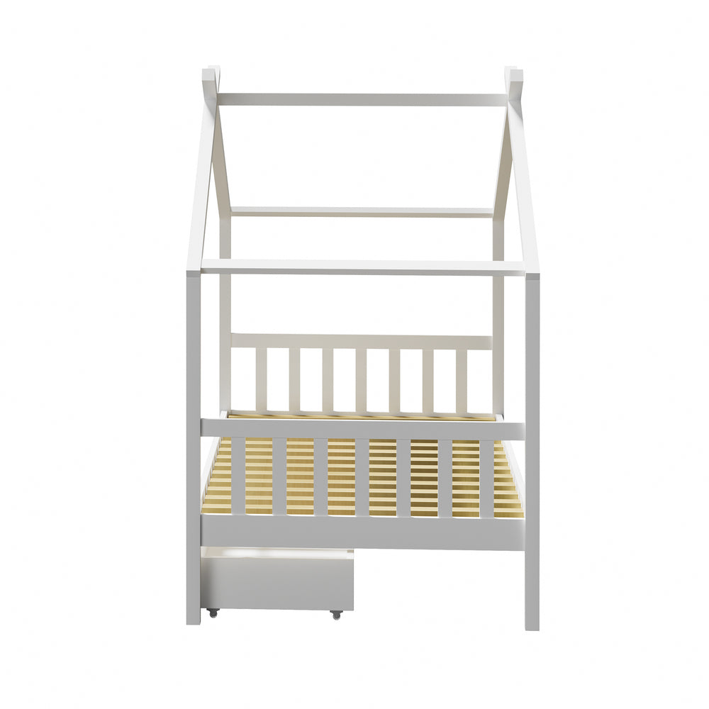 Oikiture Bed Frame Wooden Single House Frame with Drawers White-Wooden Bed Frames-PEROZ Accessories
