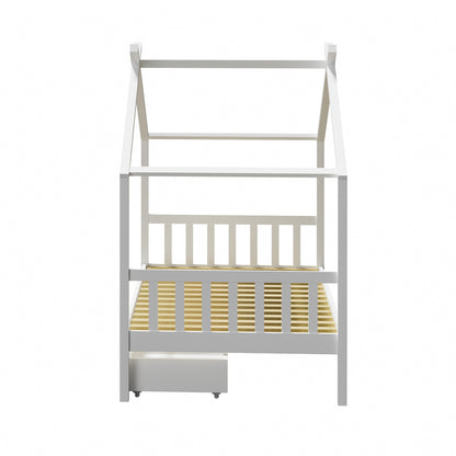 Oikiture Bed Frame Wooden Single House Frame with Drawers White-Wooden Bed Frames-PEROZ Accessories
