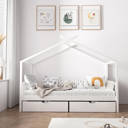 Oikiture Bed Frame Wooden Single House Frame with Drawers White-Wooden Bed Frames-PEROZ Accessories