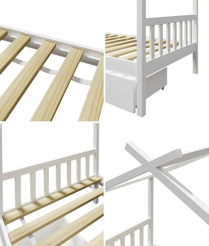 Oikiture Bed Frame Wooden Single House Frame with Drawers White-Wooden Bed Frames-PEROZ Accessories