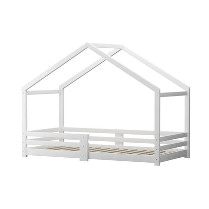 Oikiture Single Bed Frame Wooden Base Kids House Bedframe Mattress Base Timber Platform White-Wooden Bed Frames-PEROZ Accessories