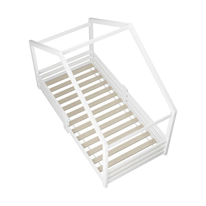 Oikiture Single Bed Frame Wooden Base Kids House Bedframe Mattress Base Timber Platform White-Wooden Bed Framess-PEROZ Accessories