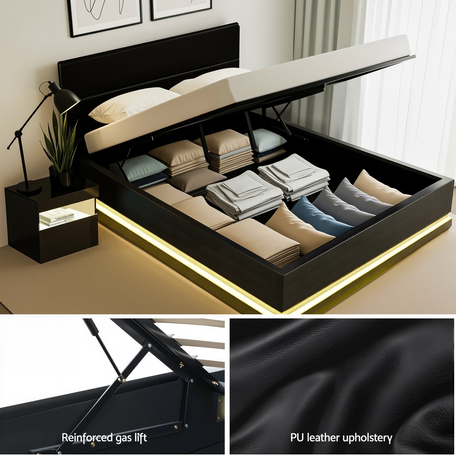 Artiss RGB LED Double Bed Frame with Beside Table Set 16 Colour Mood Lighting-Furniture &gt; Bedroom &gt; Beds &amp; Bed Frames-PEROZ Accessories