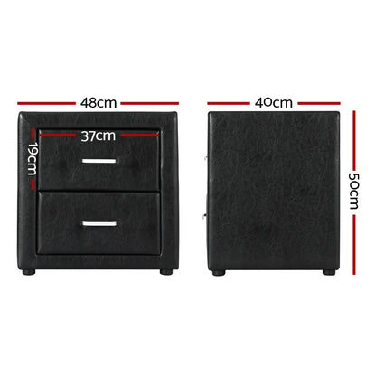 Artiss 2X Bedside Table 2 Drawers Side Table Leather - CADEN Black-Furniture &gt; Bedroom &gt; Bedside Tables-PEROZ Accessories