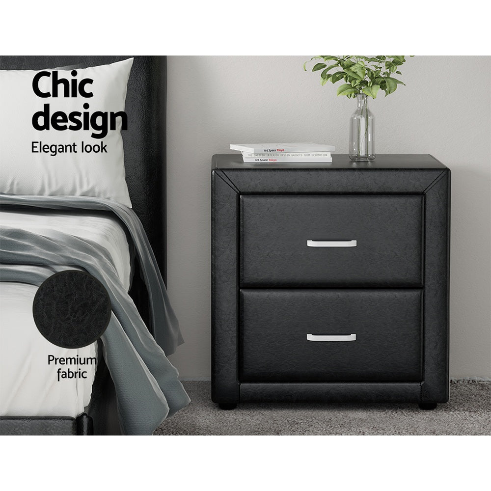 Artiss 2X Bedside Table 2 Drawers Side Table Leather - CADEN Black-Furniture &gt; Bedroom &gt; Bedside Tables-PEROZ Accessories