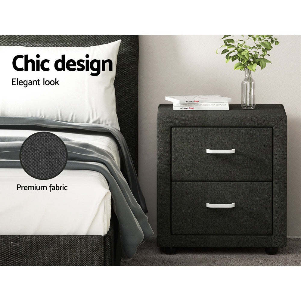 Artiss 2X Bedside Table 2 Drawers Fabric - CADEN Charcoal-Furniture &gt; Bedroom &gt; Bedside Tables-PEROZ Accessories