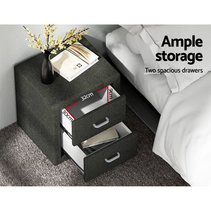 Artiss 2X Bedside Table 2 Drawers Fabric - CADEN Charcoal-Furniture &gt; Bedroom &gt; Bedside Tables-PEROZ Accessories