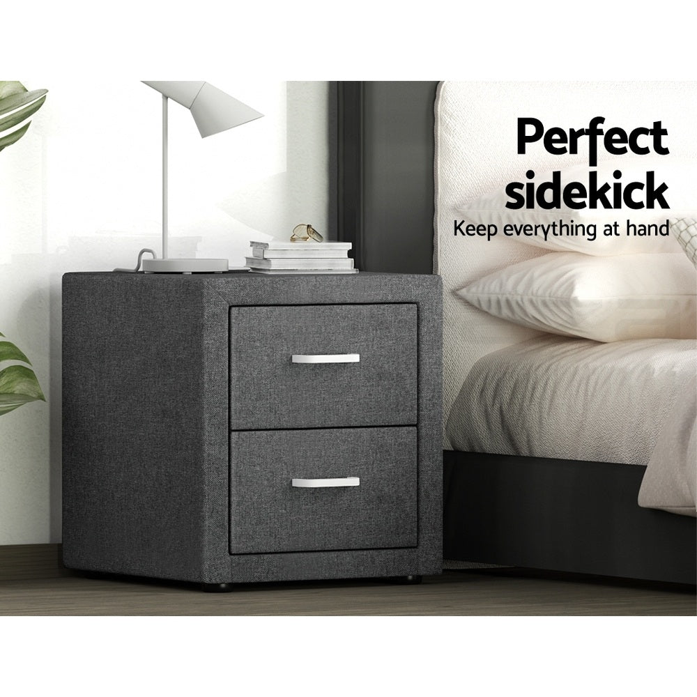 Artiss 2X Bedside Table 2 Drawers Side Table Fabric - CADEN Grey-Furniture &gt; Bedroom &gt; Bedside Tables-PEROZ Accessories