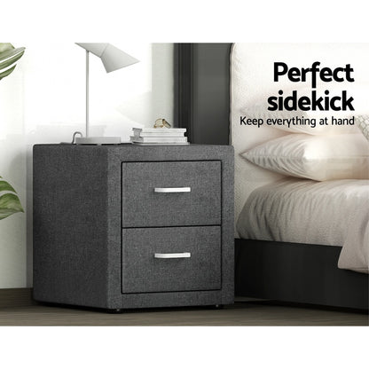 Artiss 2X Bedside Table 2 Drawers Side Table Fabric - CADEN Grey-Furniture &gt; Bedroom &gt; Bedside Tables-PEROZ Accessories