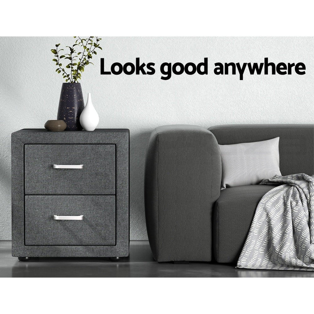 Artiss 2X Bedside Table 2 Drawers Side Table Fabric - CADEN Grey-Furniture &gt; Bedroom &gt; Bedside Tables-PEROZ Accessories