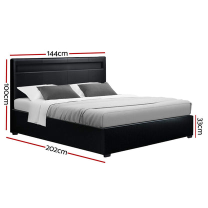 Artiss Cole LED Bed Frame PU Leather Gas Lift Storage - Black Double-Bed Frames-PEROZ Accessories