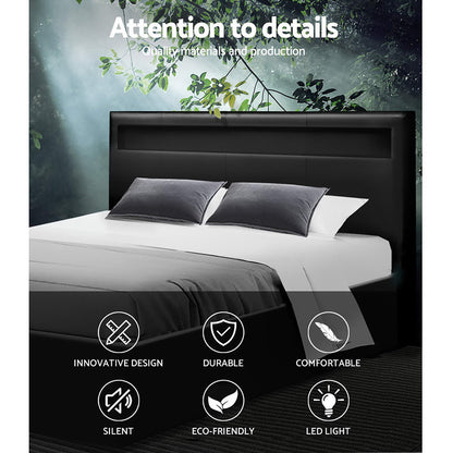 Artiss Cole LED Bed Frame PU Leather Gas Lift Storage - Black Double-Bed Frames-PEROZ Accessories