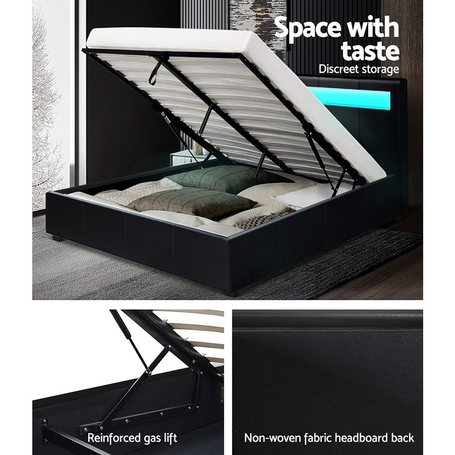 Artiss Cole LED Bed Frame PU Leather Gas Lift Storage - Black Double-Bed Frames-PEROZ Accessories