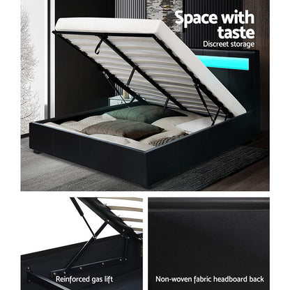Artiss Cole LED Bed Frame PU Leather Gas Lift Storage - Black Double-Bed Frames-PEROZ Accessories