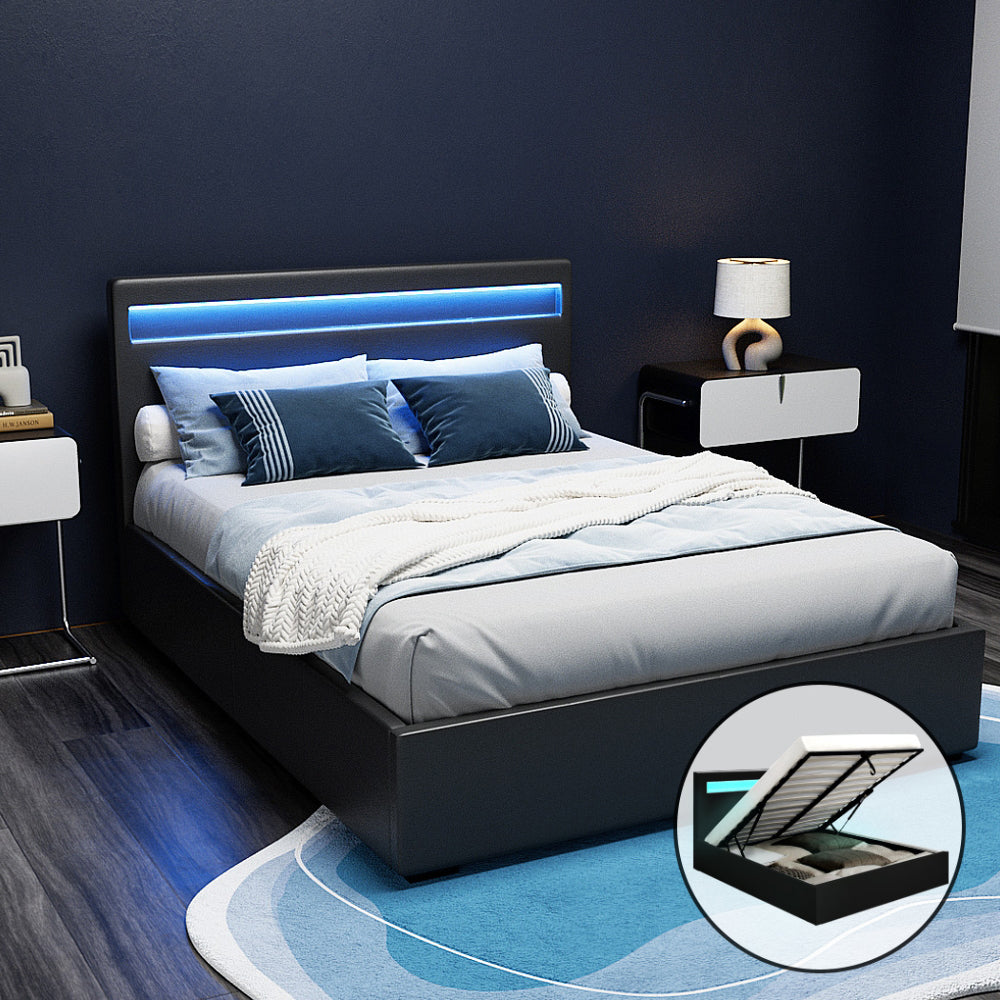 Artiss Cole LED Bed Frame PU Leather Gas Lift Storage - Black Double-Bed Frames-PEROZ Accessories