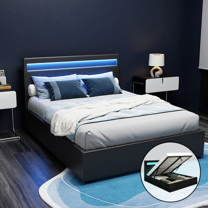 Artiss Cole LED Bed Frame PU Leather Gas Lift Storage - Black Double-Bed Frames-PEROZ Accessories