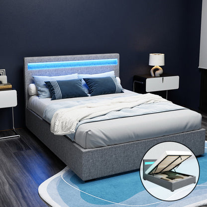 Artiss Bed Frame Double Size Gas Lift RGB LED Bedbase Grey Cole-Bed Frames-PEROZ Accessories