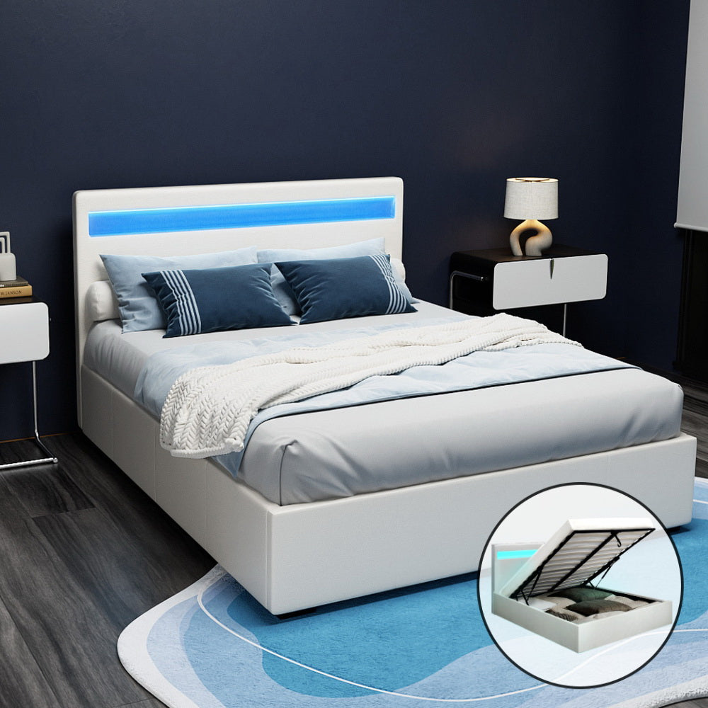 Artiss Bed Frame Double Size Gas Lift RGB LED White Cole-Bed Frames-PEROZ Accessories